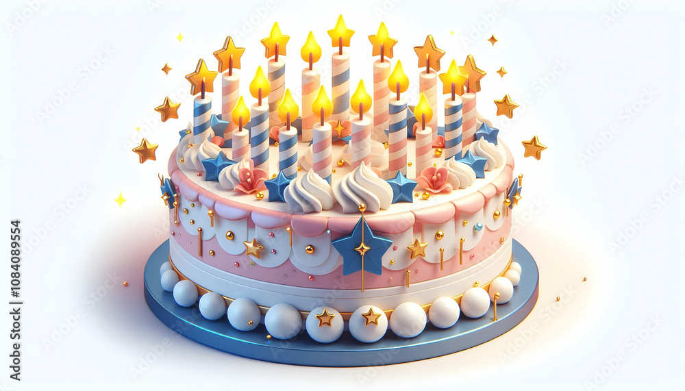 3D Birthday cake with candles and stars isolated on white background ...