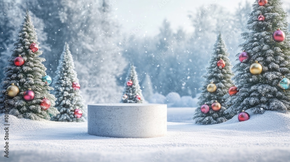 Obraz premium A white pedestal in a snowy winter forest with decorated Christmas trees.