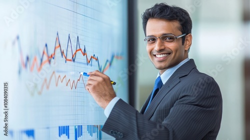 Canvastavla business, statistics and people concept - smiling indian businessman with marker