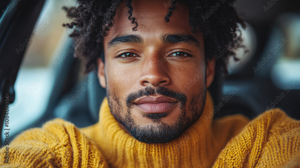 Fototapeta premium A confident young man with curly hair wearing a cozy yellow sweater inside a car on a bright winter day