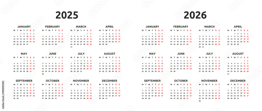Calendar 2025 and 2026 year. Monday first, two weekends. Simple calender layout. Desk planner template with 12 months. Yearly diary