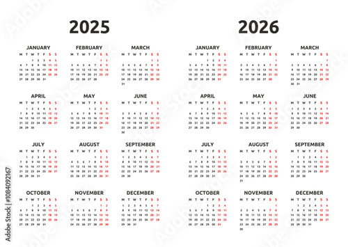 Calendar 2025 and 2026 year. Monday first, two weekends. Simple calender layout. Desk planner template with 12 months. Yearly diary