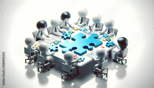 3D Business team solving puzzle on glossy conference table copy space on right. concept as Business team collaboratively solving a puzzle on a glossy conference table highlighting teamwork and strateg