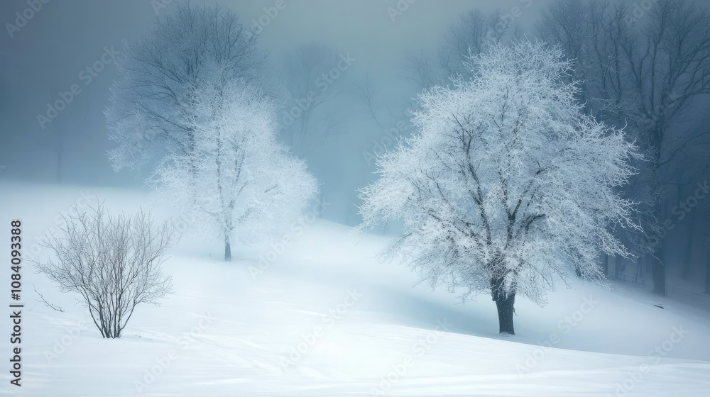 Fototapeta premium A misty winter landscape with snow-covered trees and a dusting of snow on the ground.