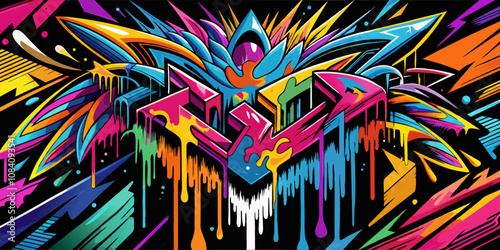 Energetic and Bold Graffiti Pattern Painted on Black Urban Wall
