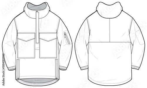 Travel Anorak Hoodie jacket design flat sketch Illustration, Protection Hooded jacket with front and back view, winter hoody jacket for Men and women. for hiker, outerwear in winter