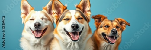 Three dogs, two lighter colored with reddish accents and one reddish brown, smile broadly at the camera photo