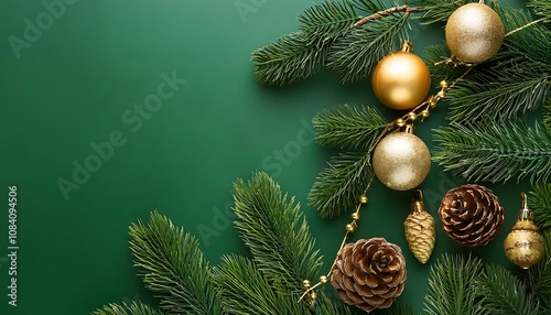  A traditional Christmas scene features tree branches adorned with pine cones and golden orn_1(283) photo