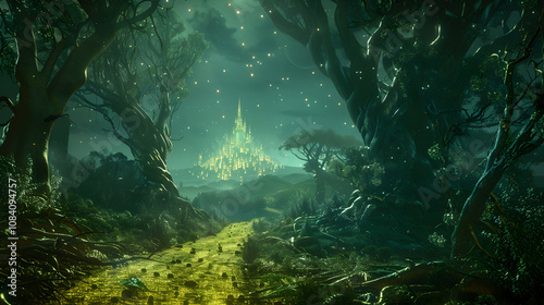 Mysterious Nighttime Journey through Magical Forest towards Emerald City in 'Oz' story
