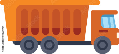 This minimalist vector illustration depicts an orange dump truck delivering cargo at a construction site