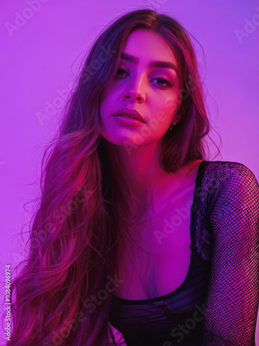 A captivating portrait of a young woman with flowing hair, bathed in vibrant pink and purple lighting, creating a dramatic and modern aesthetic. Generative AI