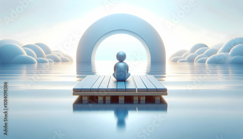 3D Person sitting on dock overlooking calm lake with soft light concept as An abstract image shows a person sitting quietly on a dock overlooking a calm lake under soft lighting symbolizing mindfulnes photo