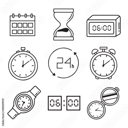 clock and timer icon set over white background, line style, vector illustration