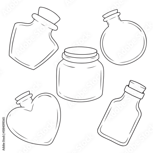 Vector illustration of a set of glass jars and bottles with hearts.