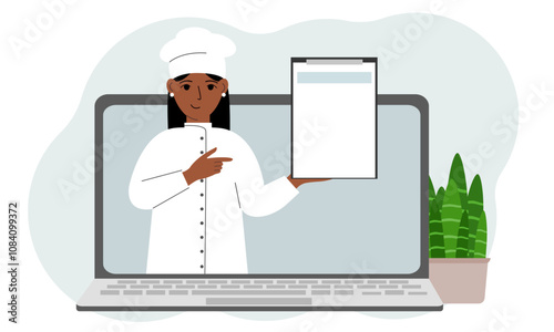 Female cook in a cap. Video, online ordering, menu.