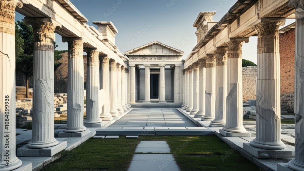Fototapeta premium Ancient Roman architecture, marble columns, circular colonnade, ruined structure, Mediterranean landscape, blue sky, cypress trees, historical site, archaeological ruins, classical design, sunlit ston