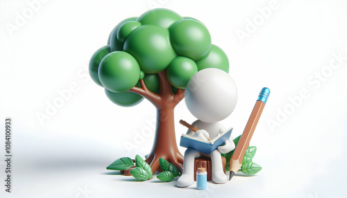 3D Person journaling under a tree with copy space concept as A candid image of a person sitting under a large tree writing in a journal reflecting mindfulness in nature; ample copy space is provided. 