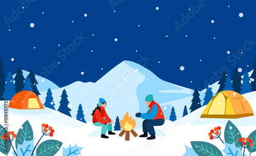 Winter Camping background vector illustration. Couples warming up by campfire