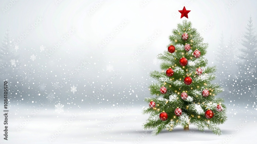 Obraz premium A Christmas tree with red and white ornaments sits in a snowy field