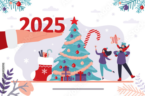 Santa Claus hand gives 2025 year numbers. Happy family near traditional xmas tree, christmas celebration. New year,