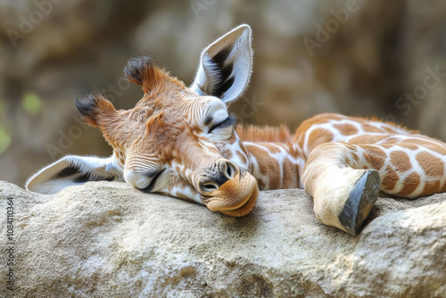A cute baby giraffe sleeping on a rock, adorable and detailed, with a close-up of its face, soft fur texture, sleeping with one leg extended and another paw resting beside it, , in a  zoo environment.