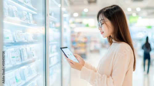Free Download A young woman is browsing her smartphone while standing in well lit pharmacy aisle, surrounded by various health products. Her focused expression reflects her interest in finding right items - GFXLoad