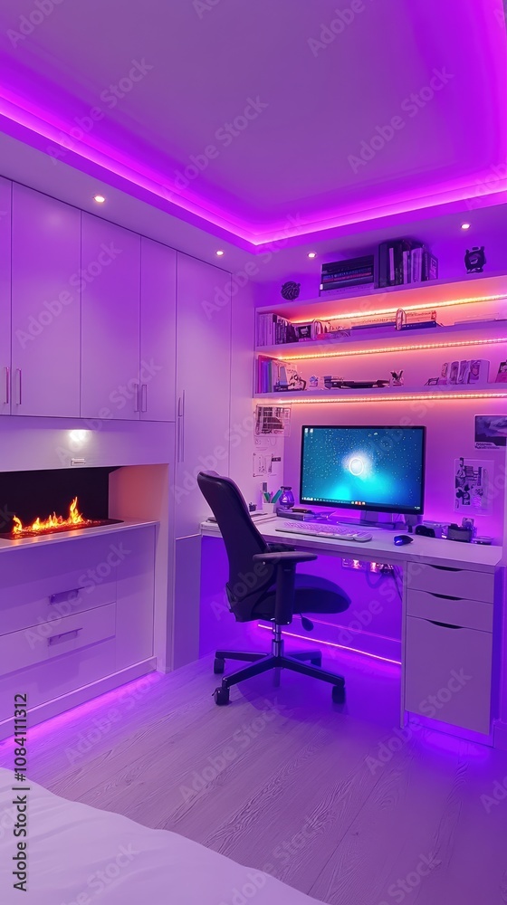 Naklejka premium Modern purple-lit home office with LED strip lighting, computer, desk, chair, and electric fireplace.