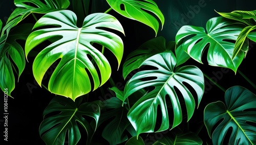 Tropical monstera leaves, vibrant green foliage, dramatic lighting, dark background, botanical photography, high contrast, glossy leaf texture, jungle aesthetics, close-up plant detail, lush rainfores photo