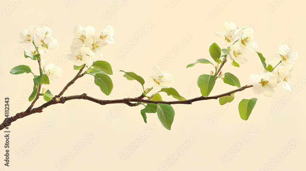 Fototapeta premium A close-up of a delicate branch with white blossoms and green leaves against a soft yellow background.