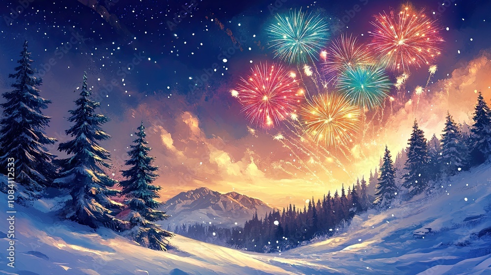 Fototapeta premium A beautiful winter night with colorful fireworks in the sky, surrounded by snow-covered pine trees