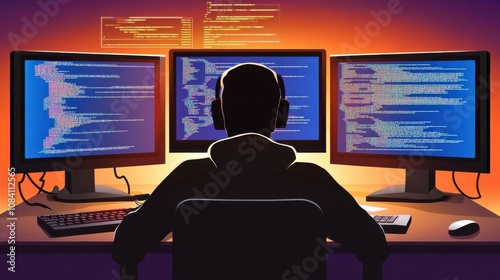 Hacker in Low-Light Office Setting Engaged with Multiple Screens Displaying Code and Data in a Dynamic Tech Environment