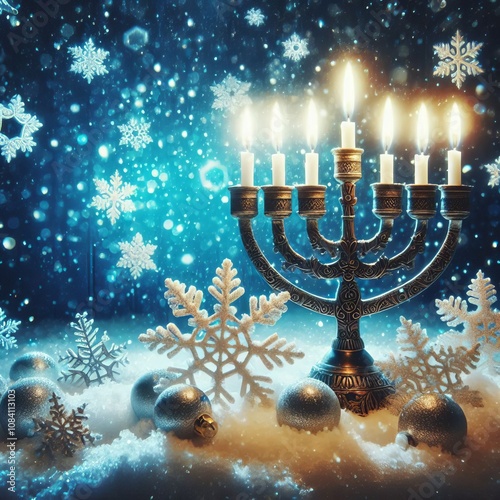 Menorah and Snowflakes A photograph of a menorah with snowflakes photo