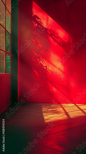 A clean red wall in the roomdDark room Dim light and shadowRed and green collision green edge lighthesitant environmentAmbiguous atmosphereA film shot at a distance dis photo