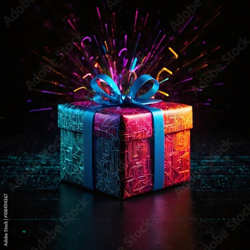 Abstract realistic Cyber Monday celebration bright effect background, cyber Monday neon text over gift on black background Cyber Monday cyber