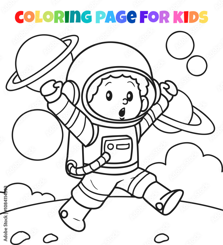Fototapeta premium Astronaut boy hand drawn outline coloring page illustration