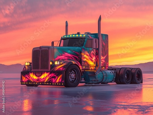 Custom semi truck with vibrant flame paint job. Generative AI photo