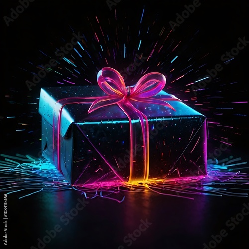 Abstract realistic Cyber Monday celebration bright effect background, cyber Monday neon text over gift on black background Cyber Monday cyber