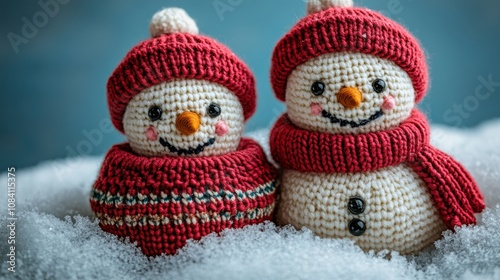 Two cute crocheted snowmen wearing red scarves and hats, surrounded by snow.