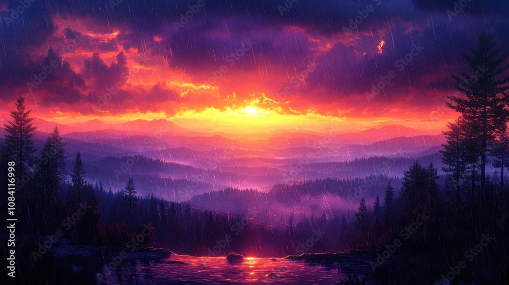 Fototapeta premium Dramatic sunset rain over misty mountains.