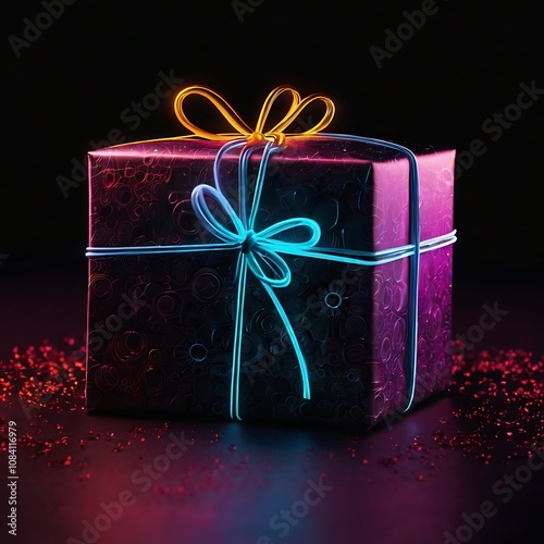 Abstract realistic Cyber Monday celebration bright effect background, cyber Monday neon text over gift on black background Cyber Monday cyber