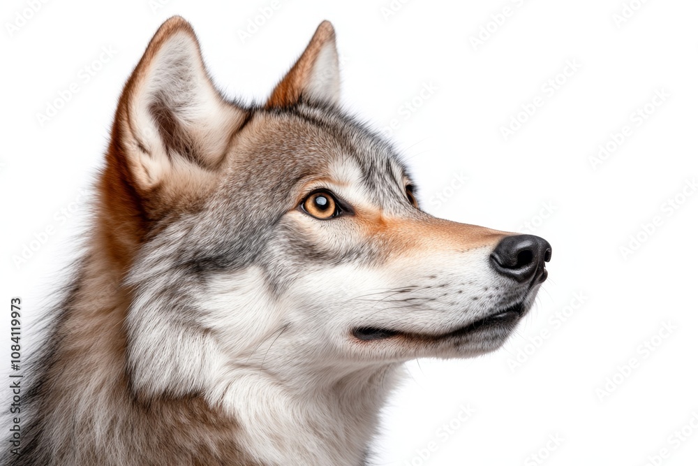 Obraz premium Majestic Wolf Profile on White Background: Capturing the Beauty and Mystery of Wildlife in Stunning Detail