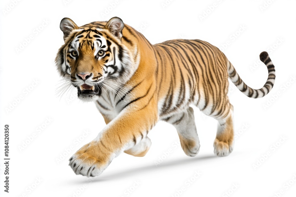 Fototapeta premium Majestic Bengal Tiger in Dynamic Motion Against White Background