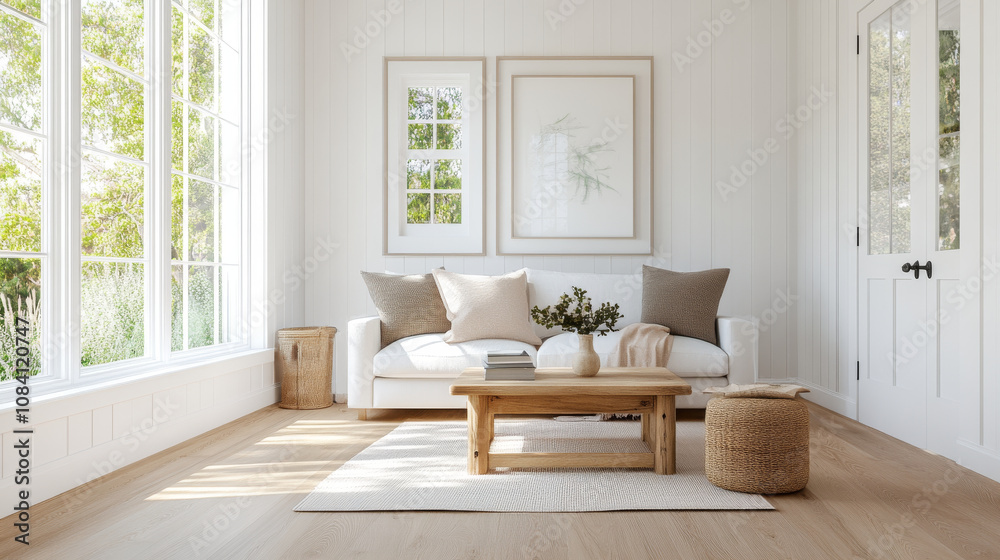 Fototapeta premium A bright and airy living room featuring white sofa adorned with neutral cushions, wooden coffee table, and large windows that invite natural light. serene atmosphere is enhanced by minimalist decor