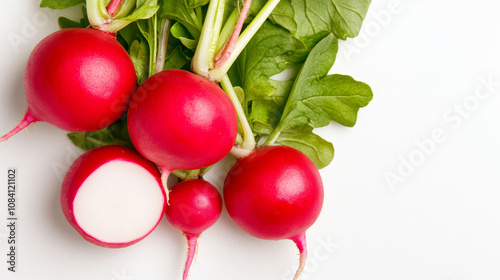 Fresh red radishes with green leaves, showcasing their vibrant color and crisp texture, perfect for salads or garnishes