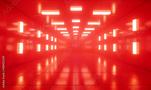 looking from the middle of an indoor room entirely surrounded by bright shinning infrared and red light pannels and a few bulbs on walls on ceiling shining red light hi