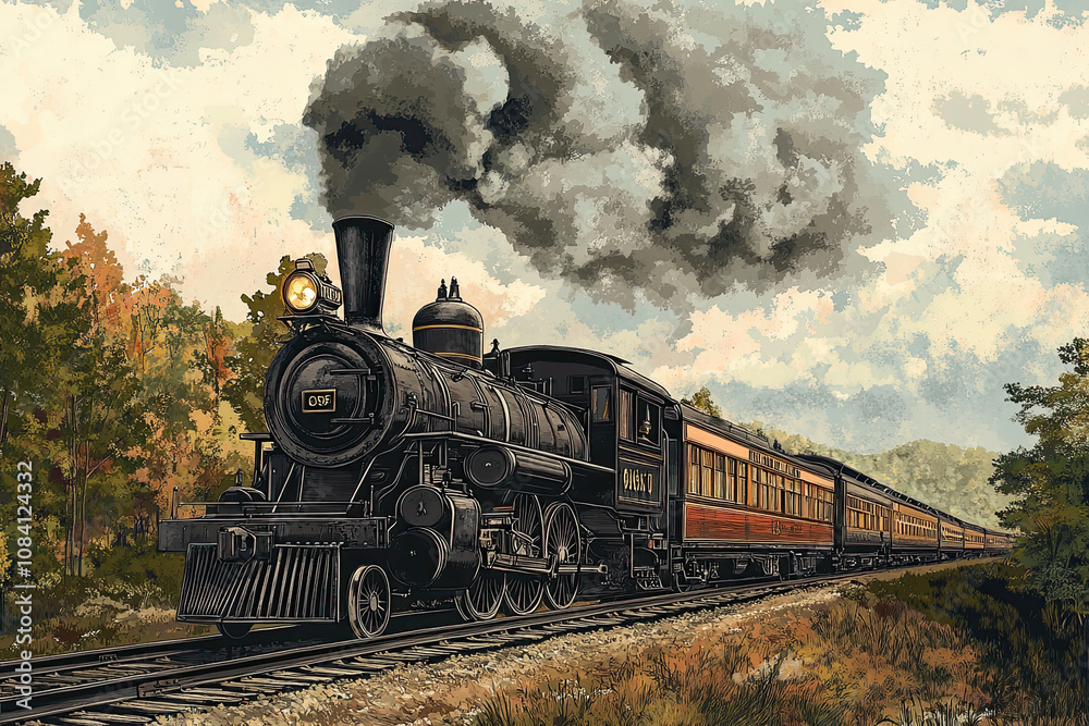 Fototapeta premium Engraving-style vector illustration of a vintage steam train locomotive.