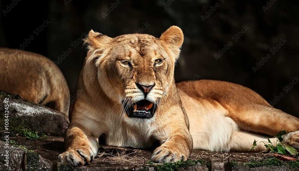 Naklejka premium Lioness displaying dangerous teeth