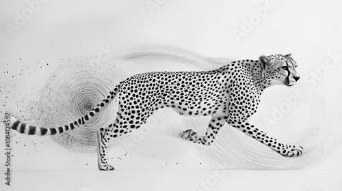 A cheetah runs, shown as simple geometric shapes.  The image uses lines and circles to suggest speed and movement. photo