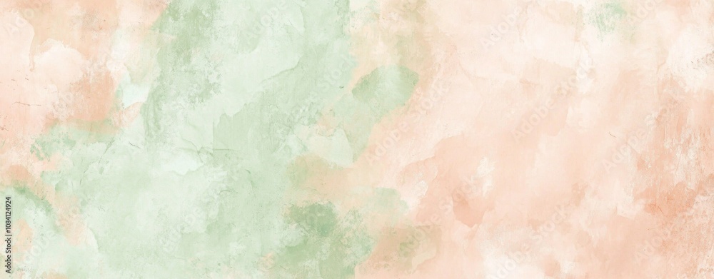 Fototapeta premium Soft green and orange watercolor washes blend seamlessly, creating a dreamy and ethereal background with a subtle textured effect, perfect for artistic projects