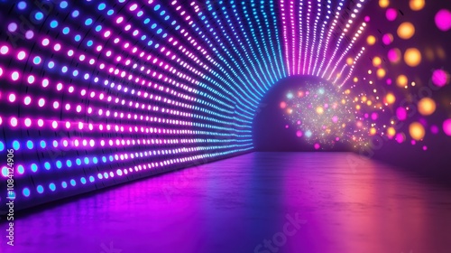 Neon light show digital tunnel visual art urban environment wide angle futuristic concept